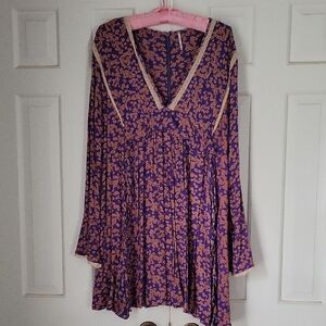 Free People Womens Floral Babydoll Bell Cuff Mini Dress Prairie Lace Sz L